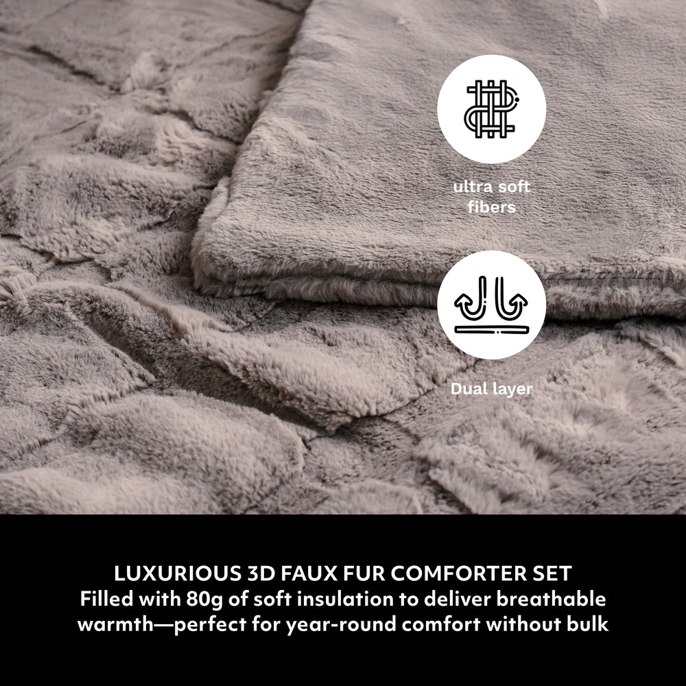 The Sanctuary Squares Faux Fur Comforter Set - Silver Fog