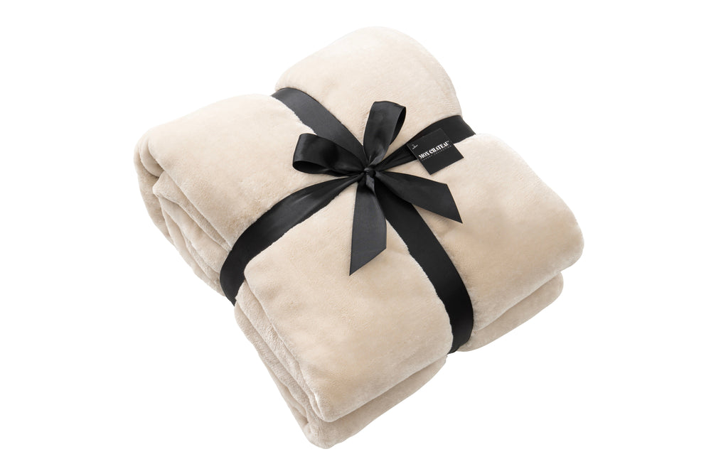 Beige/White Queen Contrast Stitch Reversible Flannel Luxe Throw Blanket