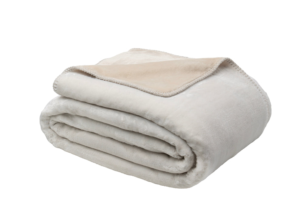 Beige/White King Contrast Stitch Reversible Flannel Luxe Throw Blanket