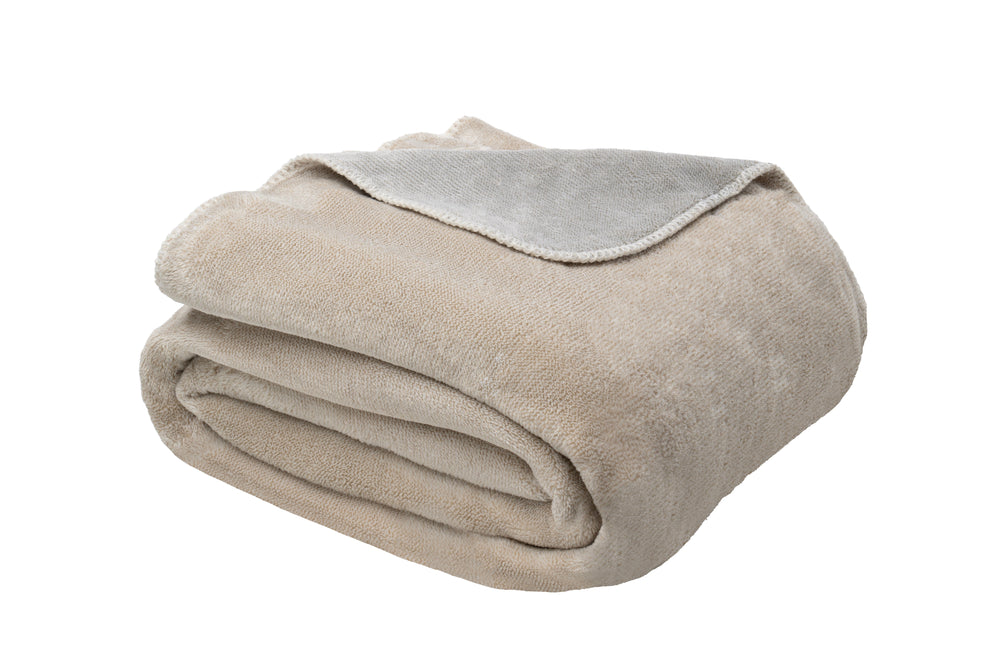 Beige/Grey King Contrast Stitch Reversible Flannel Luxe Throw Blanket