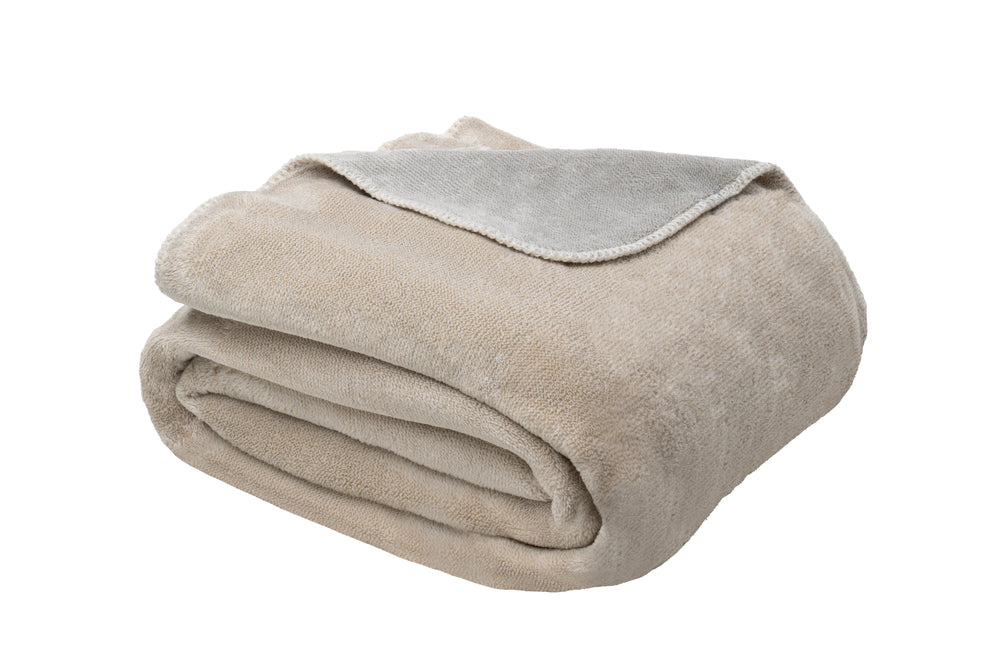 Beige/Grey Queen Contrast Stitch Reversible Flannel Luxe Throw Blanket