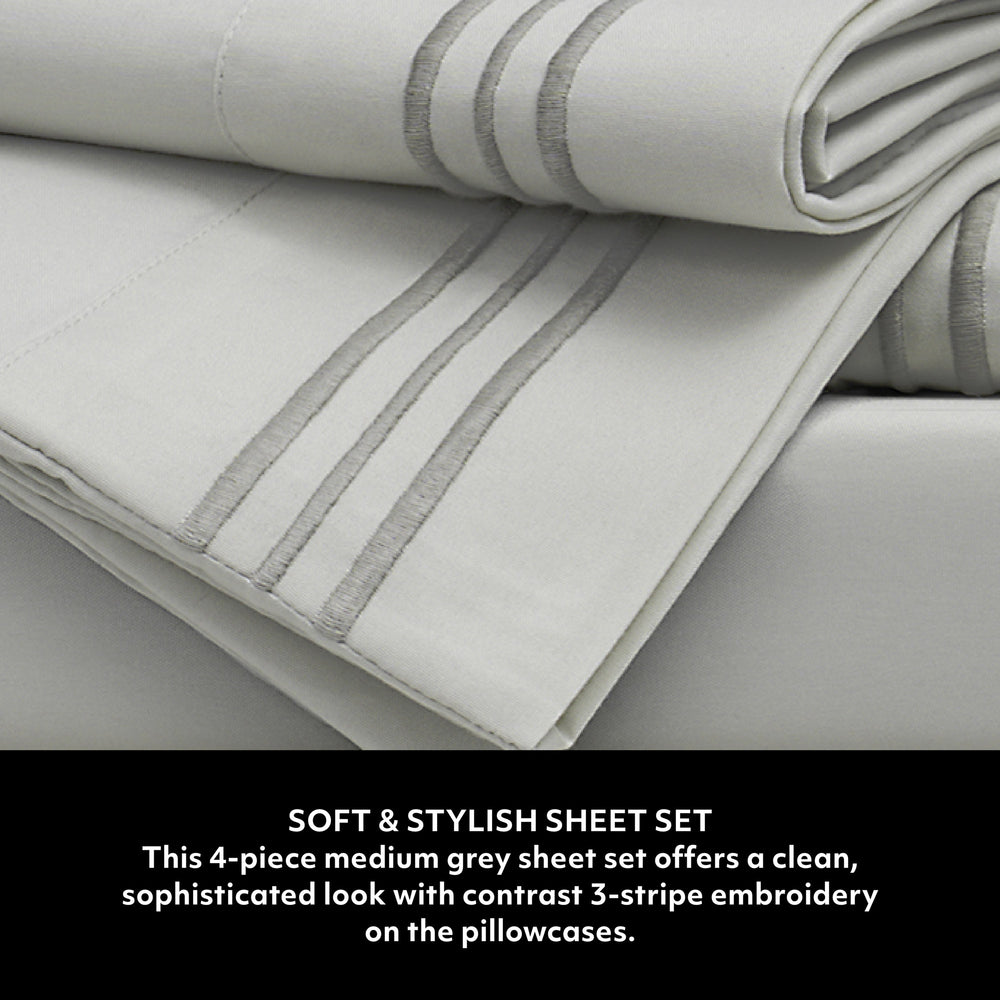 Triple Stripe 4PC Sheet Set – Medium Grey