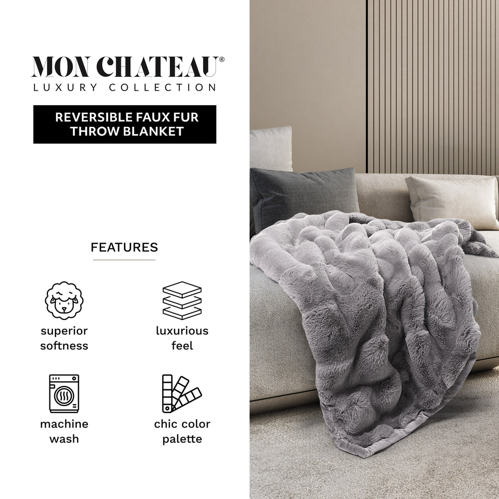 Square Jacquard Faux Fur Throw - Grey