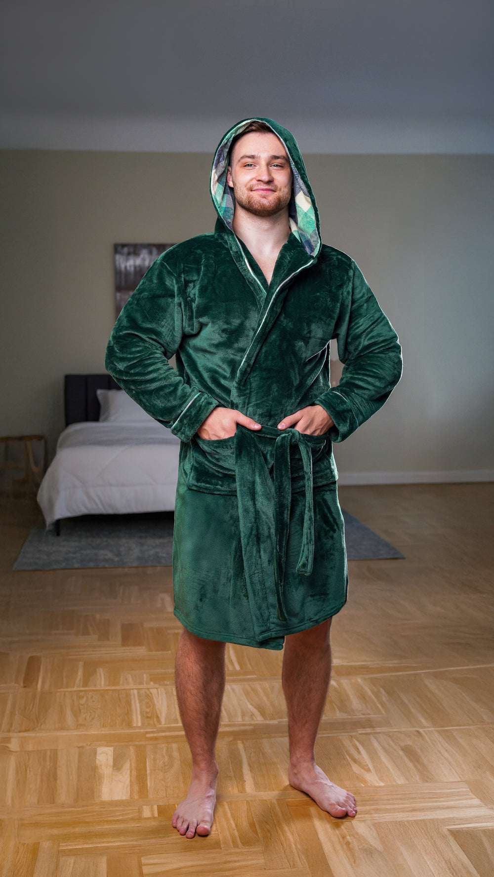 Hooded Flannel Robe – Plaid Green